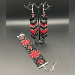 Loom Beaded Bracelet and Fringe Earrings Set